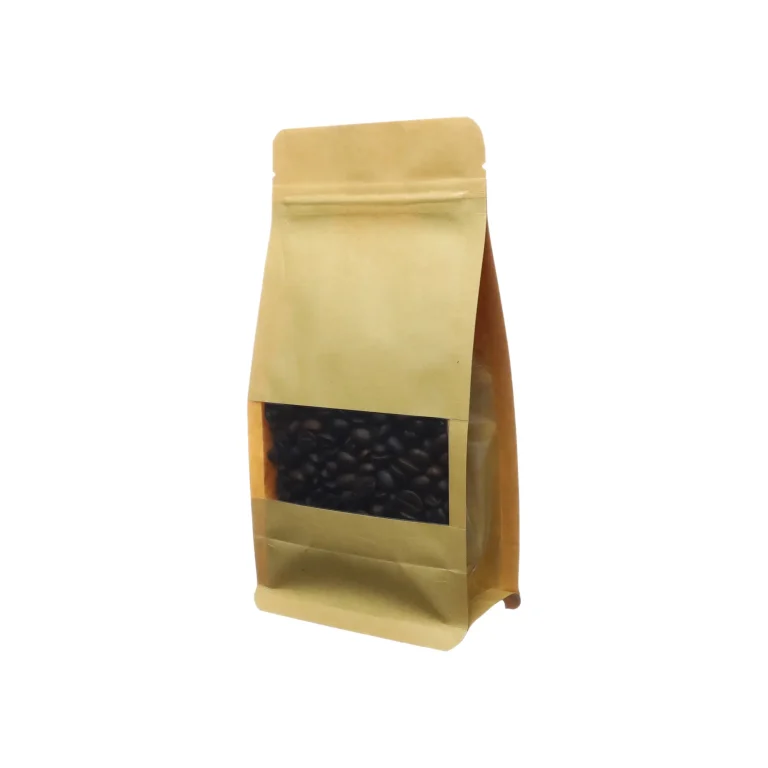 1000Pcs 10x20+6cm Coffee Brown Bags Paper with Window kraft paper zipper pouches for coffee beans and dry food packaging