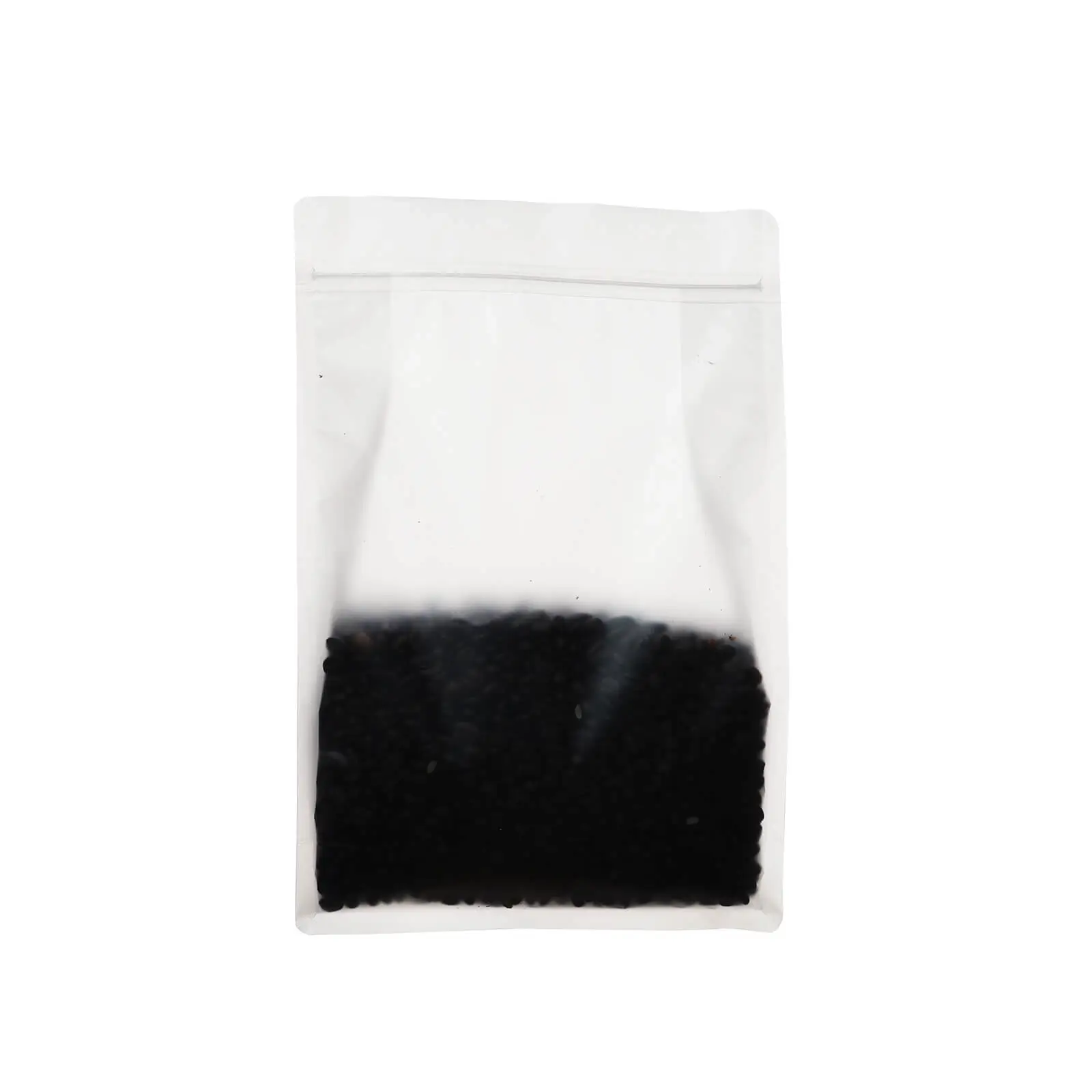 Transparent stand up coffee bag for whole beans, showing contents clearly